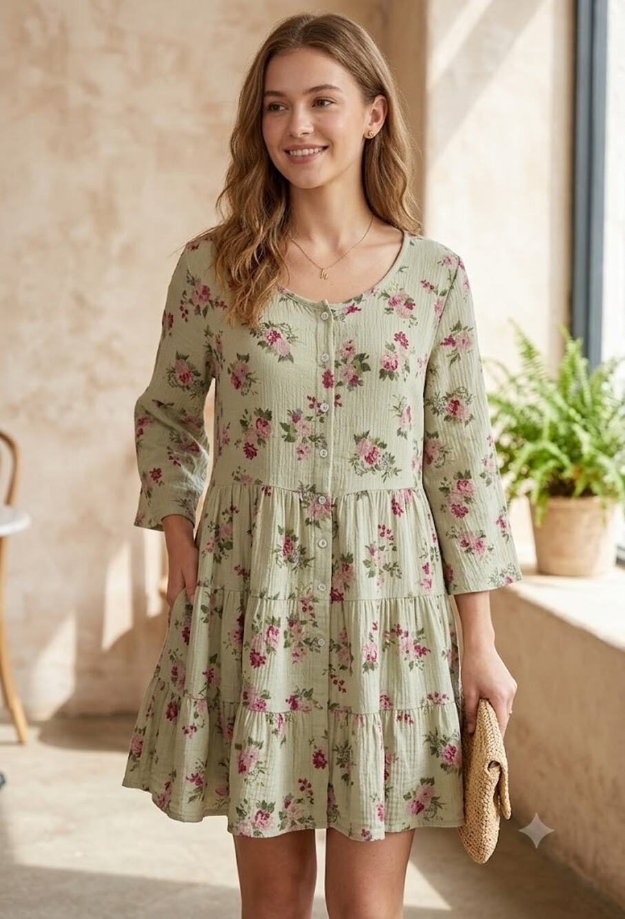 Paper Lace Rose Floral Tiered Tunic Dress in Antique Light Green Pink Small